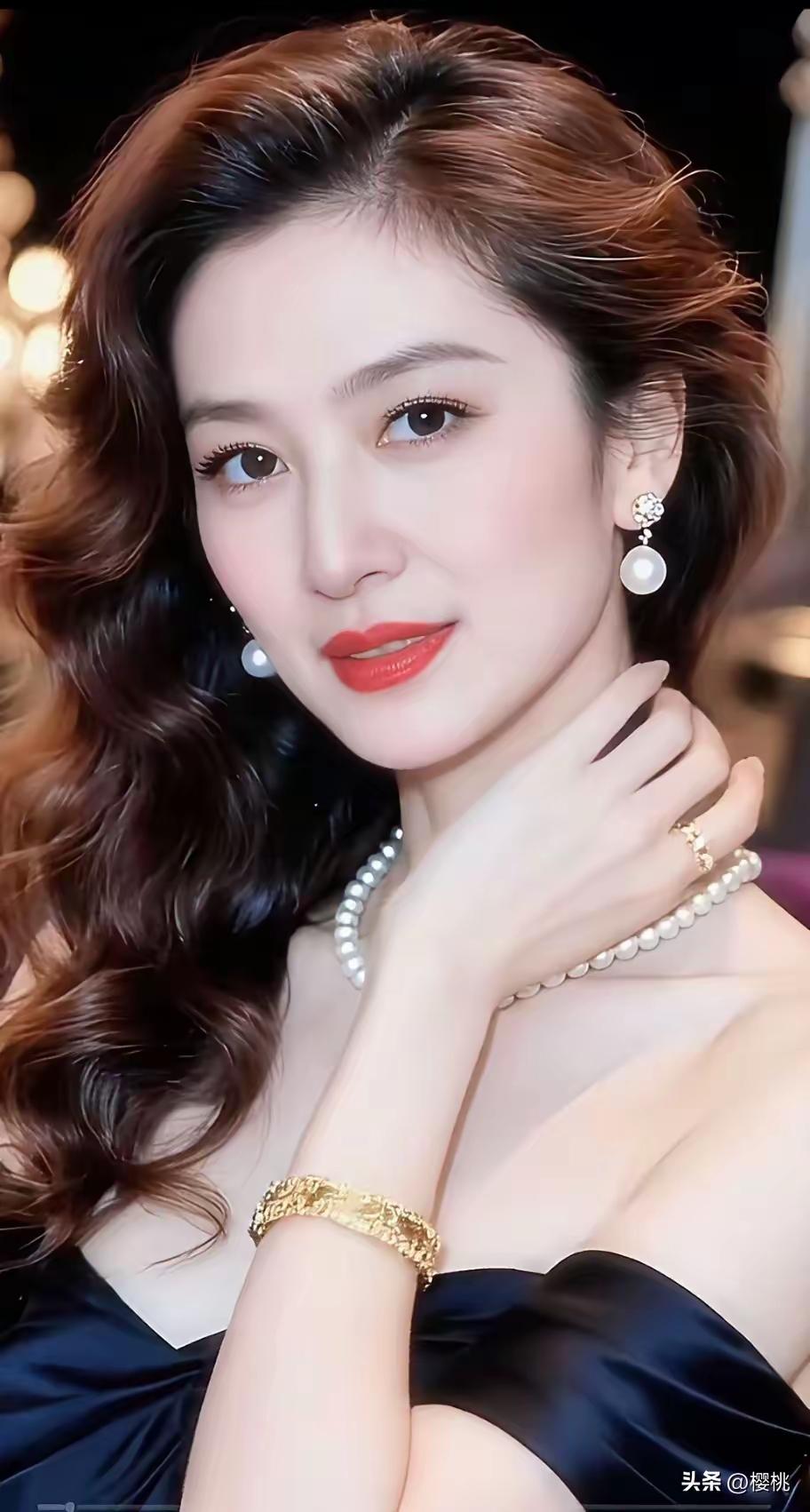 这位美女佩戴珍珠饰品，非常优雅。