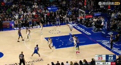 格雷姆斯19+2+3，强解能力挺适合快船啊！
1节末有压哨3分（图1），3节的强