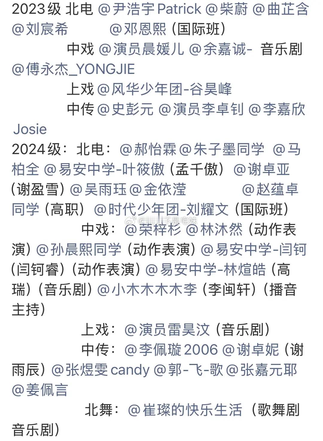 历年明星艺考生录取学校统计 