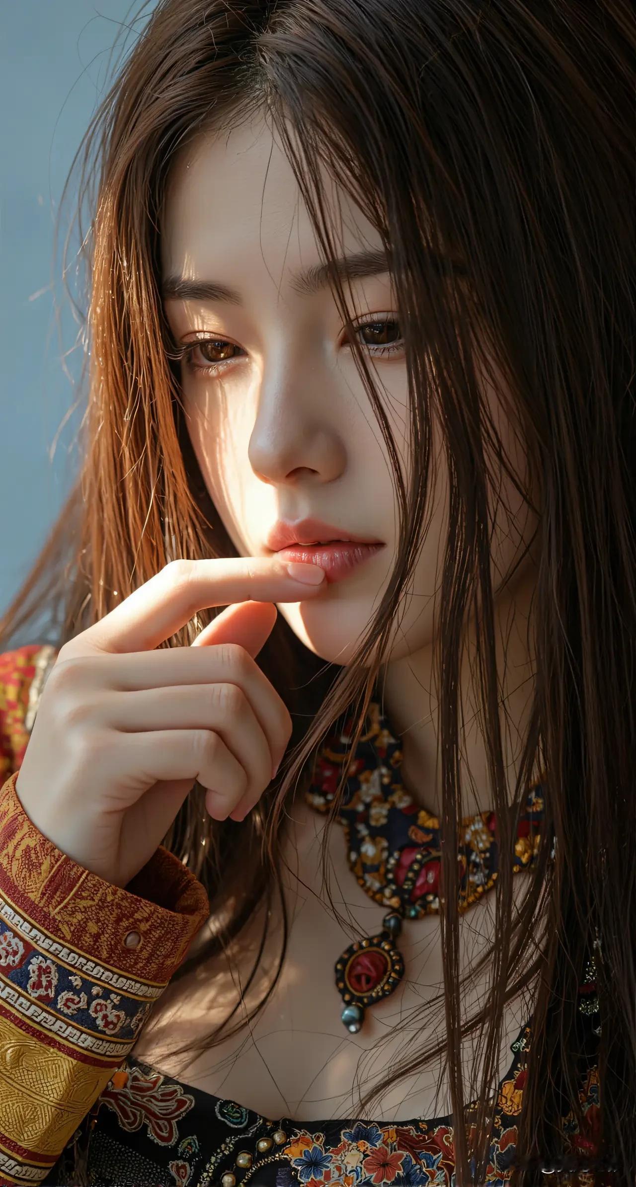 光之影
沉思的少女，精致的妆容与华丽的服饰相得益彰，仿佛置身于古代宫廷。