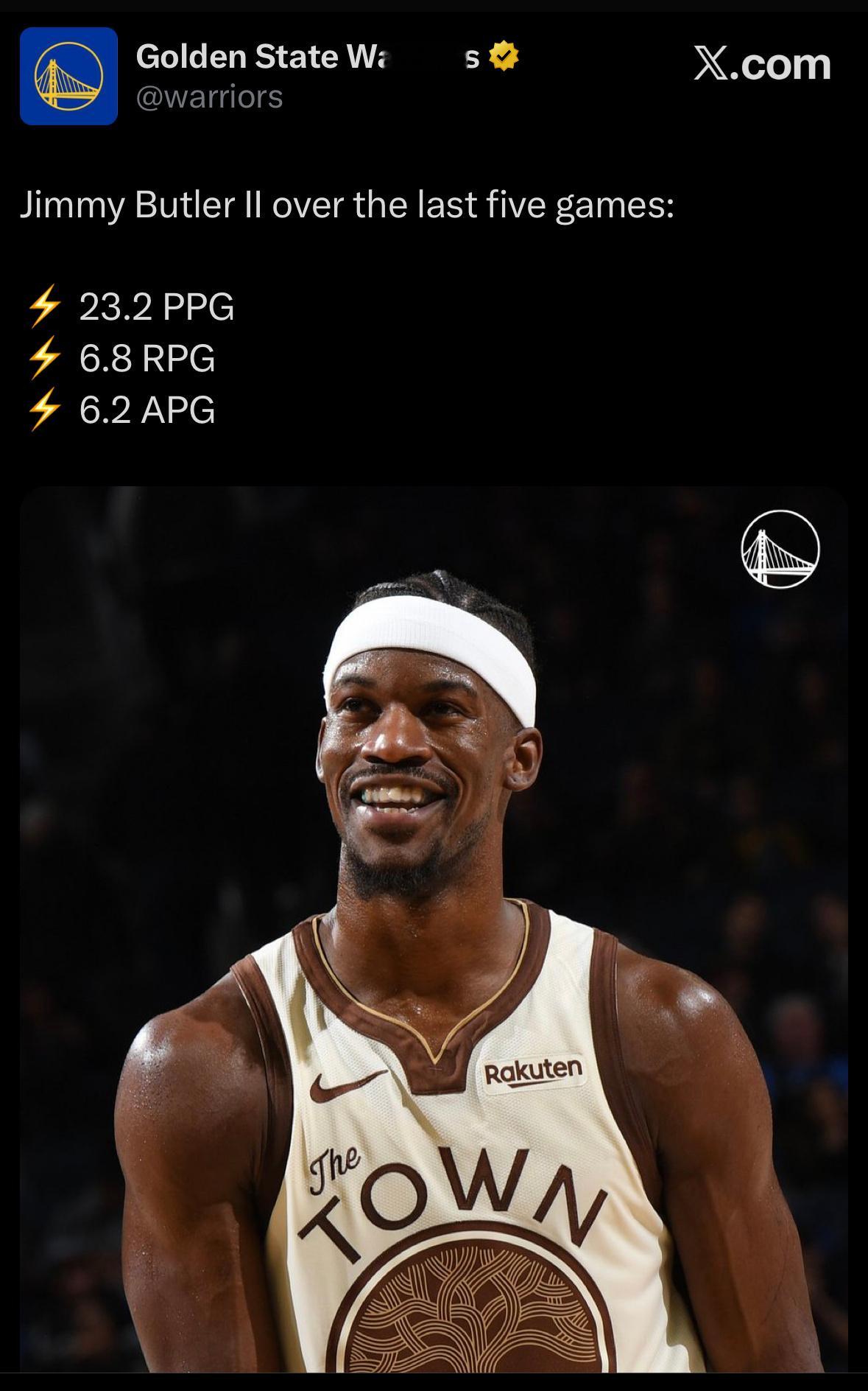 勇士官方发吉米老师近五场比赛的数据，亮点自寻⚡️23.2分⚡️6.8篮板⚡️6.