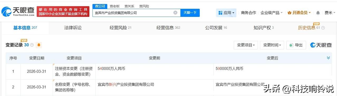 【宜宾市产业投资集团完成更名 宜宾市产业投资集团增资至59亿】
天眼查App显示