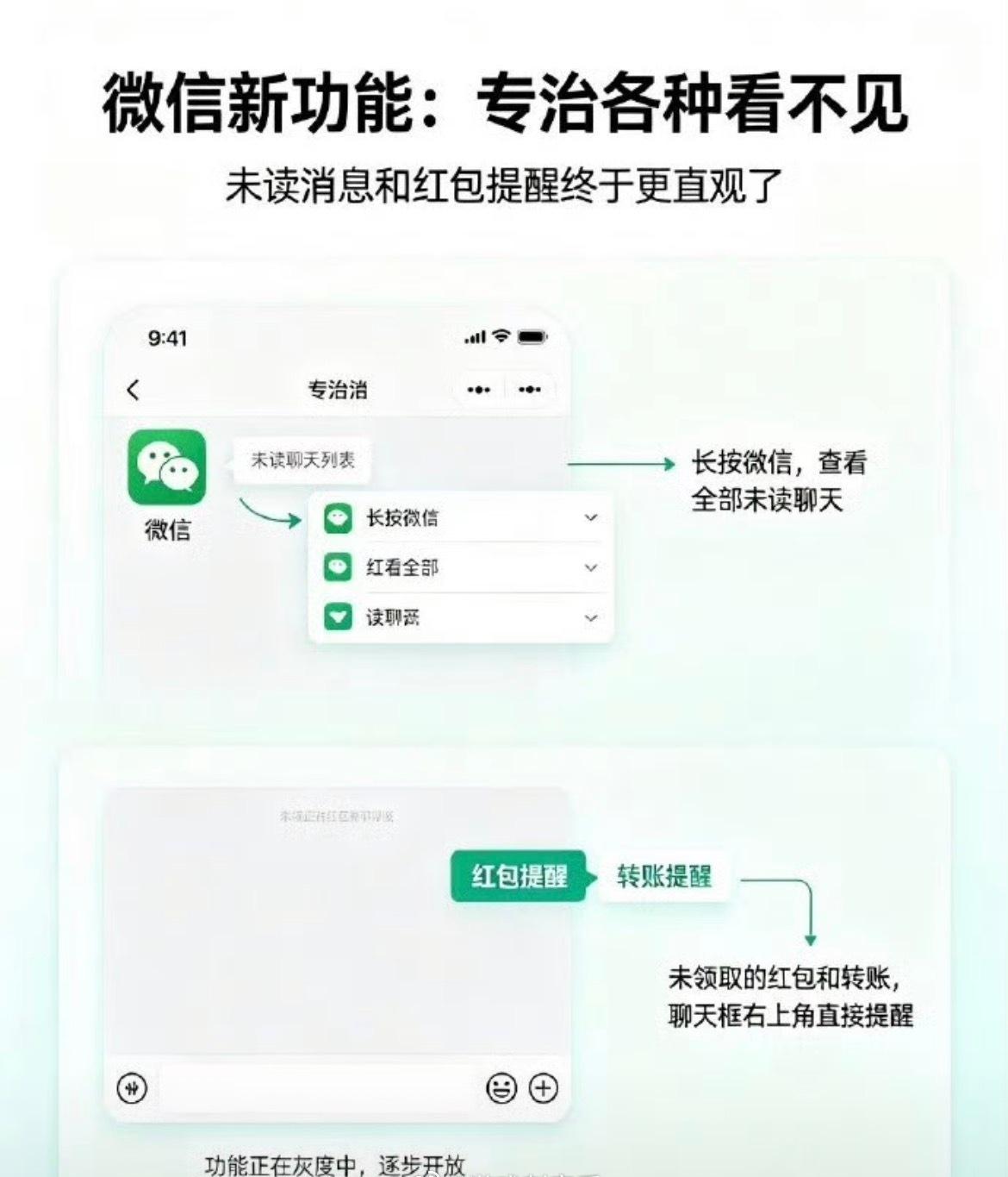 1.未读消息可长按左下角“微信”一键查看查看当前全部未读聊天
2.聊天中若有未领