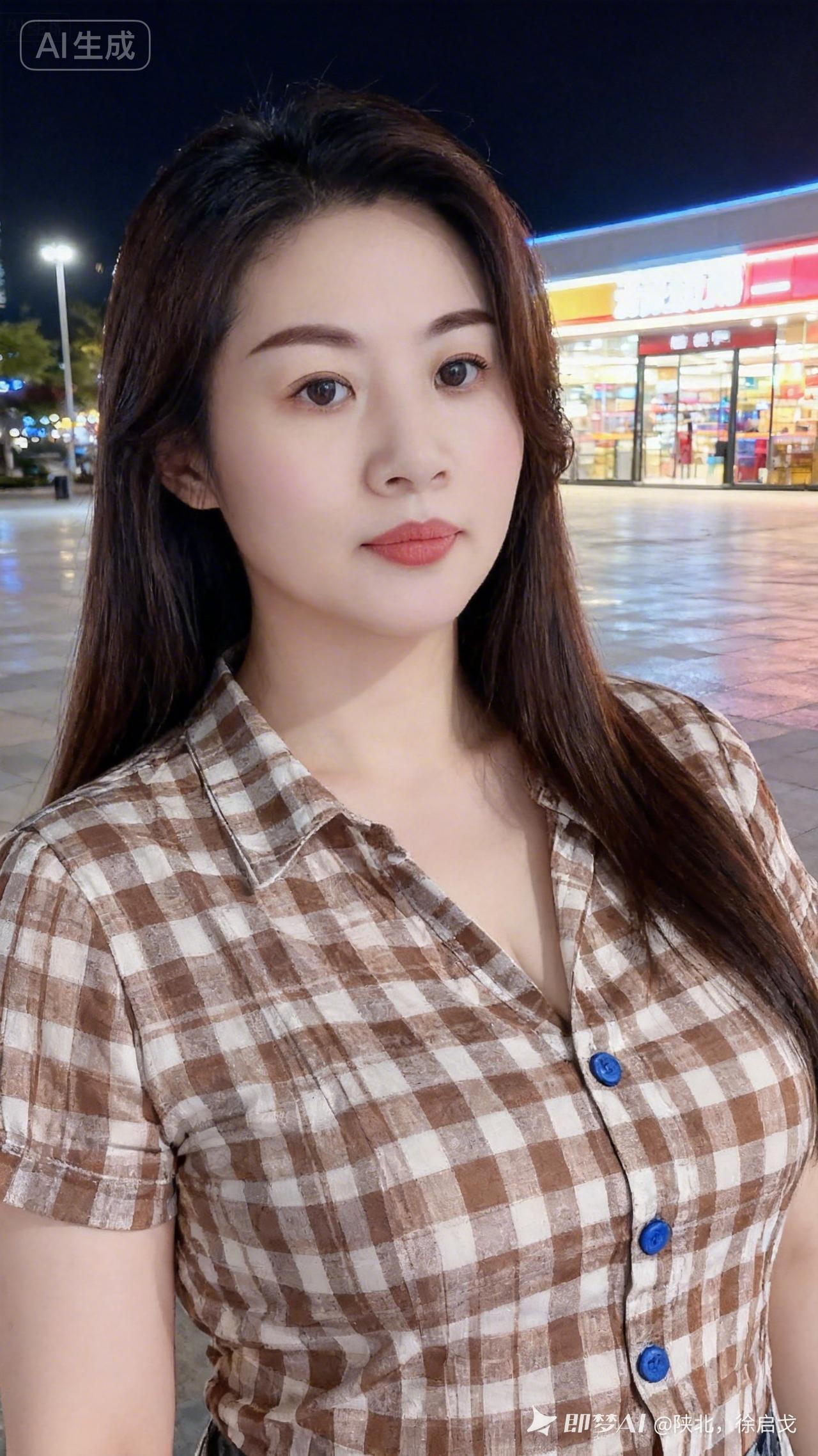 夜晚的街头，少女与灯火相映成趣！