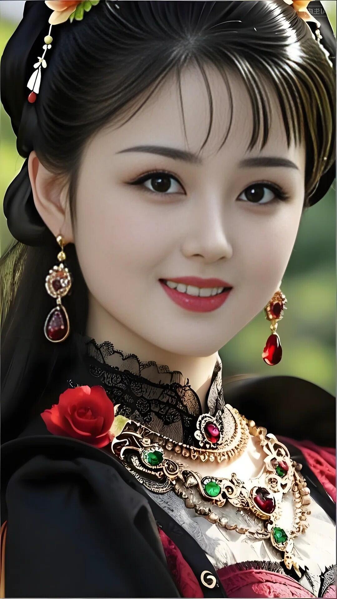 古风美人，黑发如瀑，红唇轻启，玉佩金钗，韵味十足。