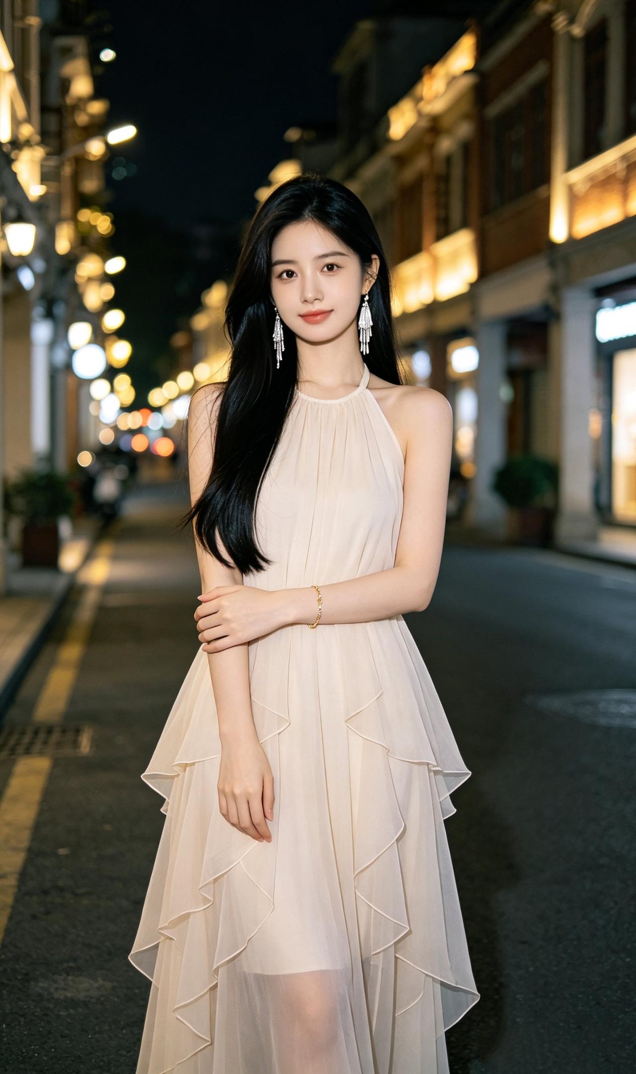 夜晚街头的优雅女神，浅米色连衣裙，长耳环，温柔迷人。晒晒少女靓影 淡黄色长裙穿搭