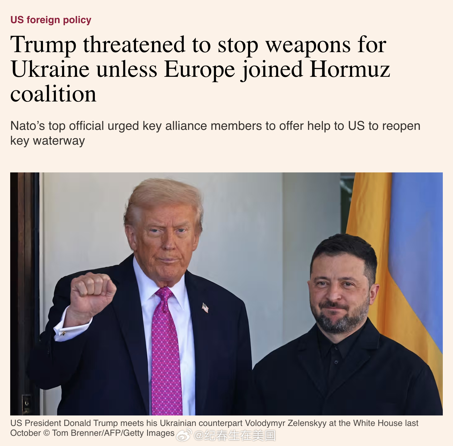 FT：川普曾威胁要切断对乌克兰的武器供应，以此向欧洲盟友施压，逼迫他们加入一个所