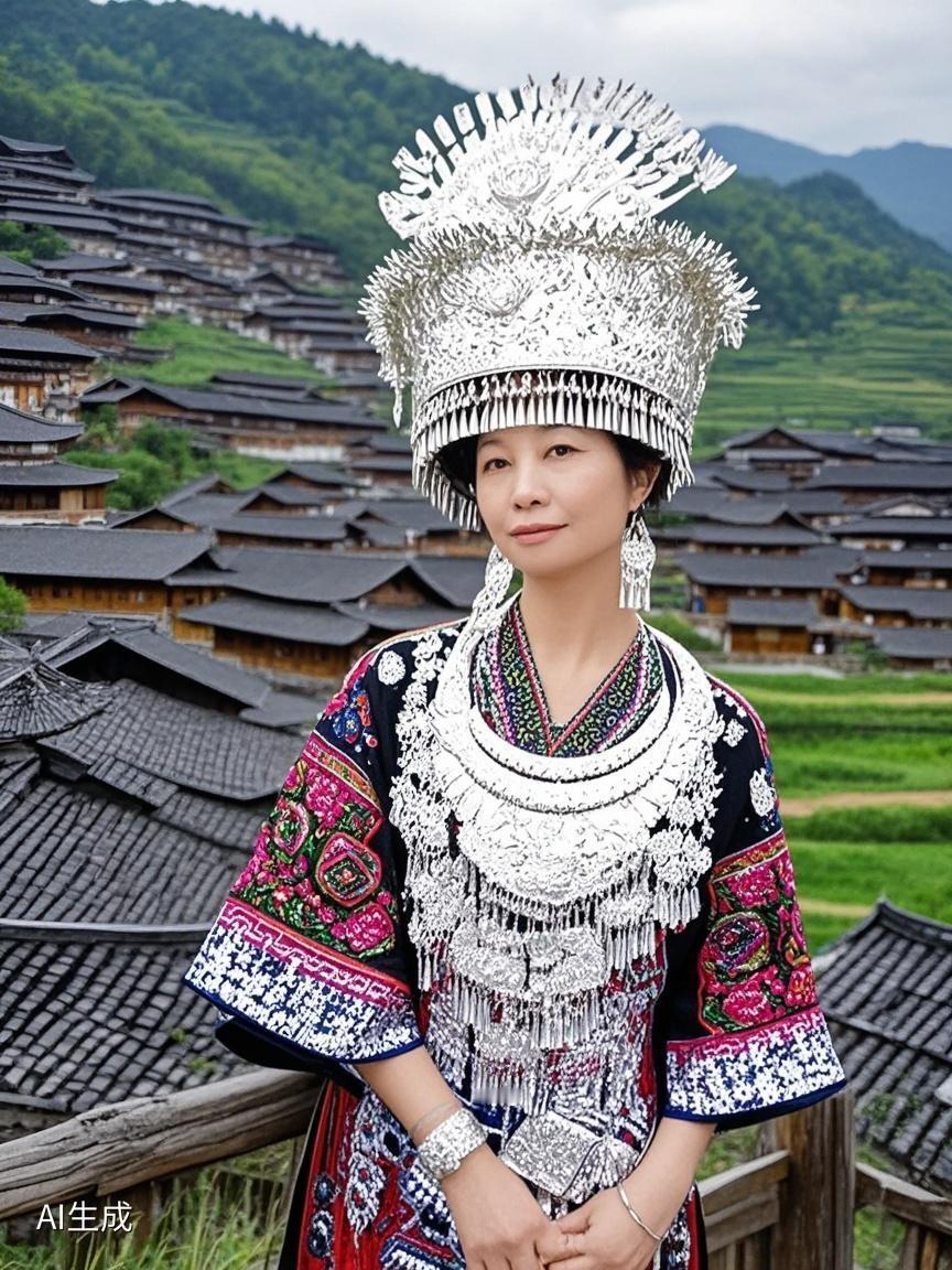 AI写真辑青布衣衫沾着晨露，银冠映着远山如黛；站在田埂上忽然懂了：民族的，才是骨