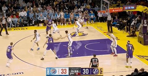 第二节，詹姆斯第一分是单打卡鲁索！雷霆vs湖人