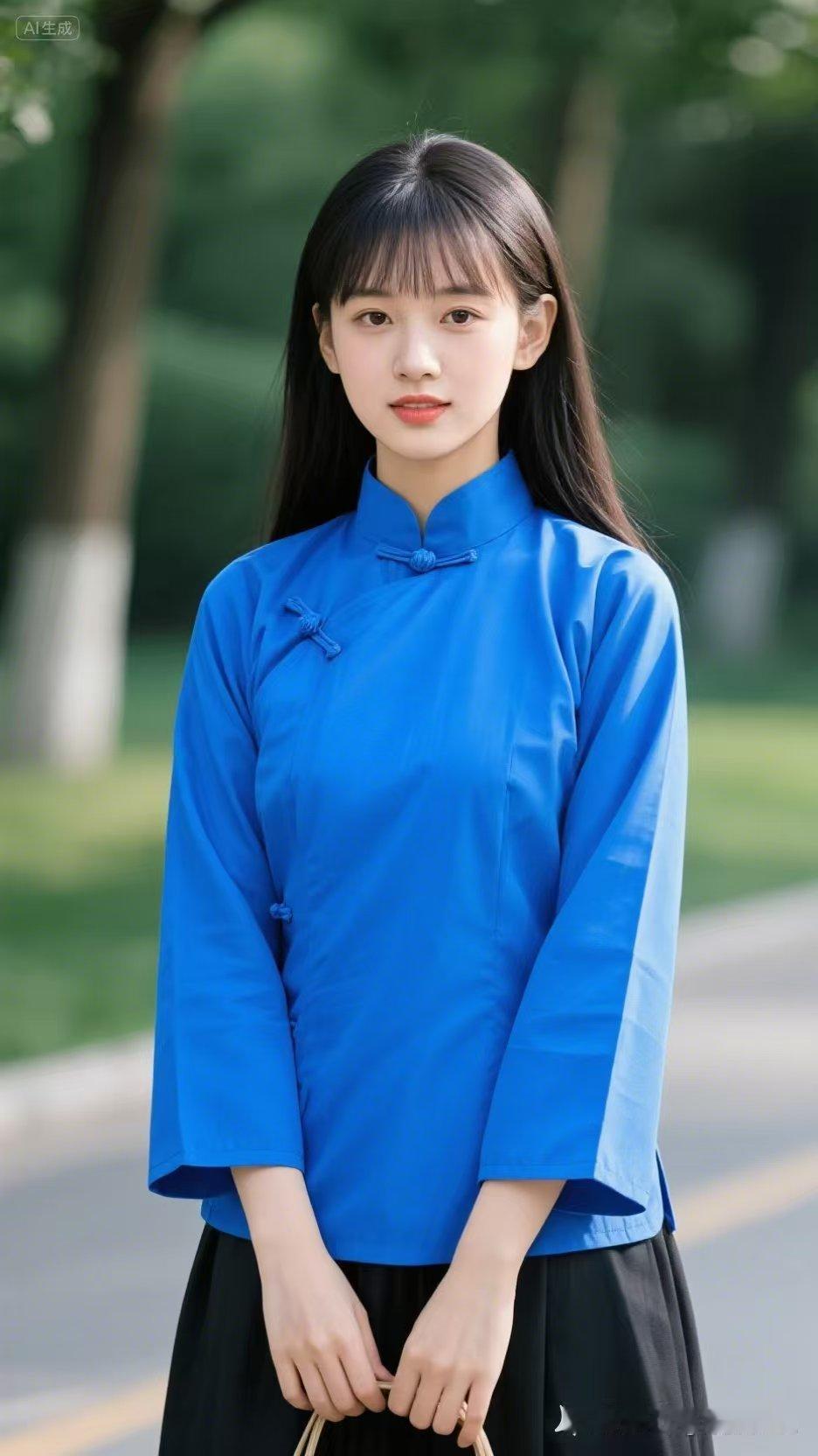漫步于公园的小径，阳光轻柔地洒落在身上，暖融融的。我身着这套蓝色的传统服饰，恍惚