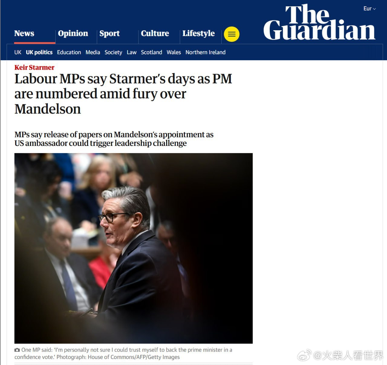 据英国《卫报》报道，英国工党内部因首相斯塔默任命彼得·曼德尔森出任驻美大使一事出