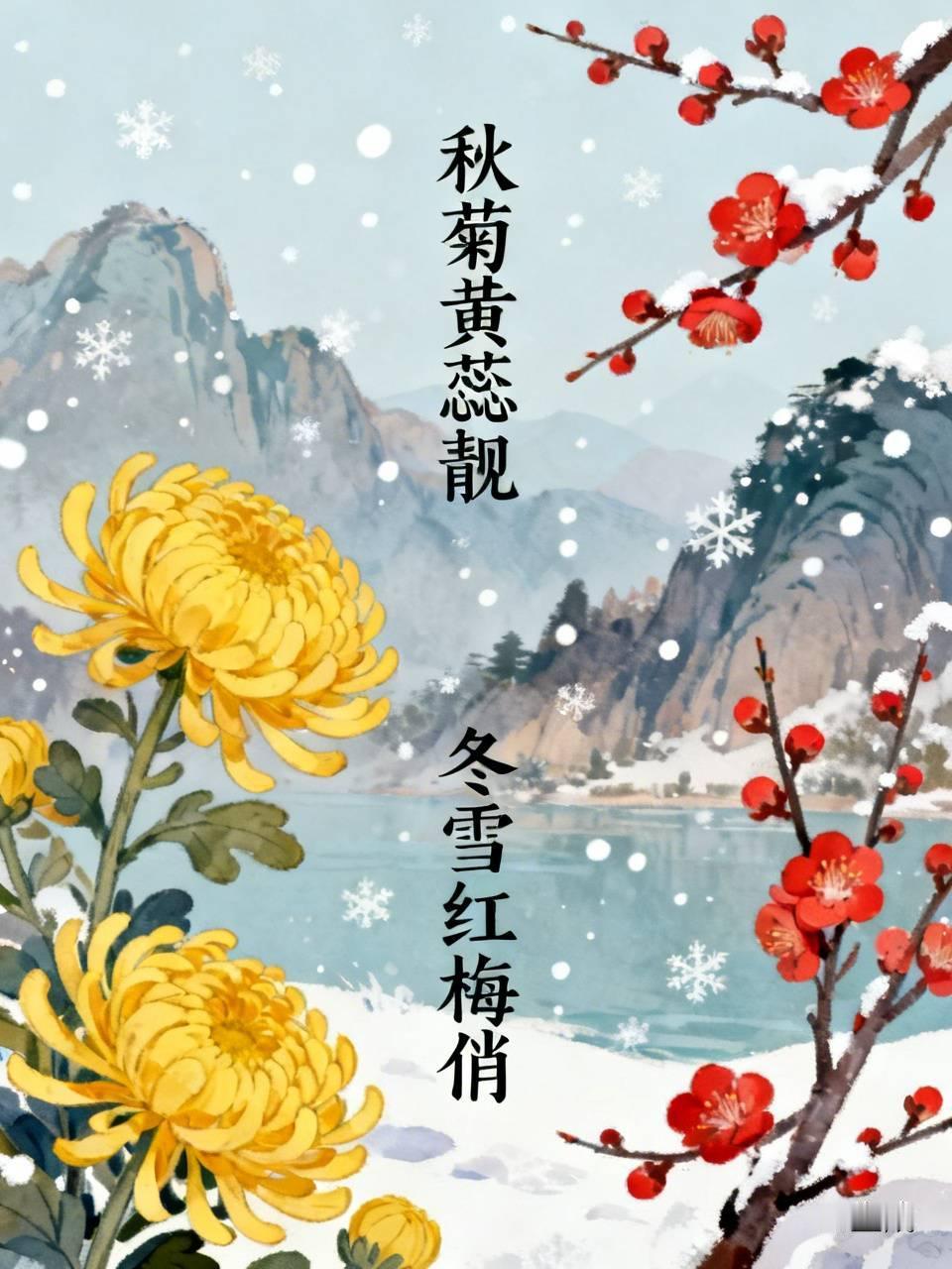 上联：秋菊黄蕊靓，
下联：冬雪红梅俏。