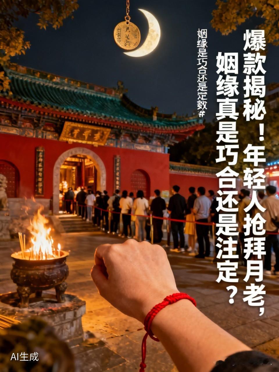 寺庙门口香火日夜不熄，都市白领连夜排队祈愿。红绳系手腕正成为脱单新风潮，朋友圈晒