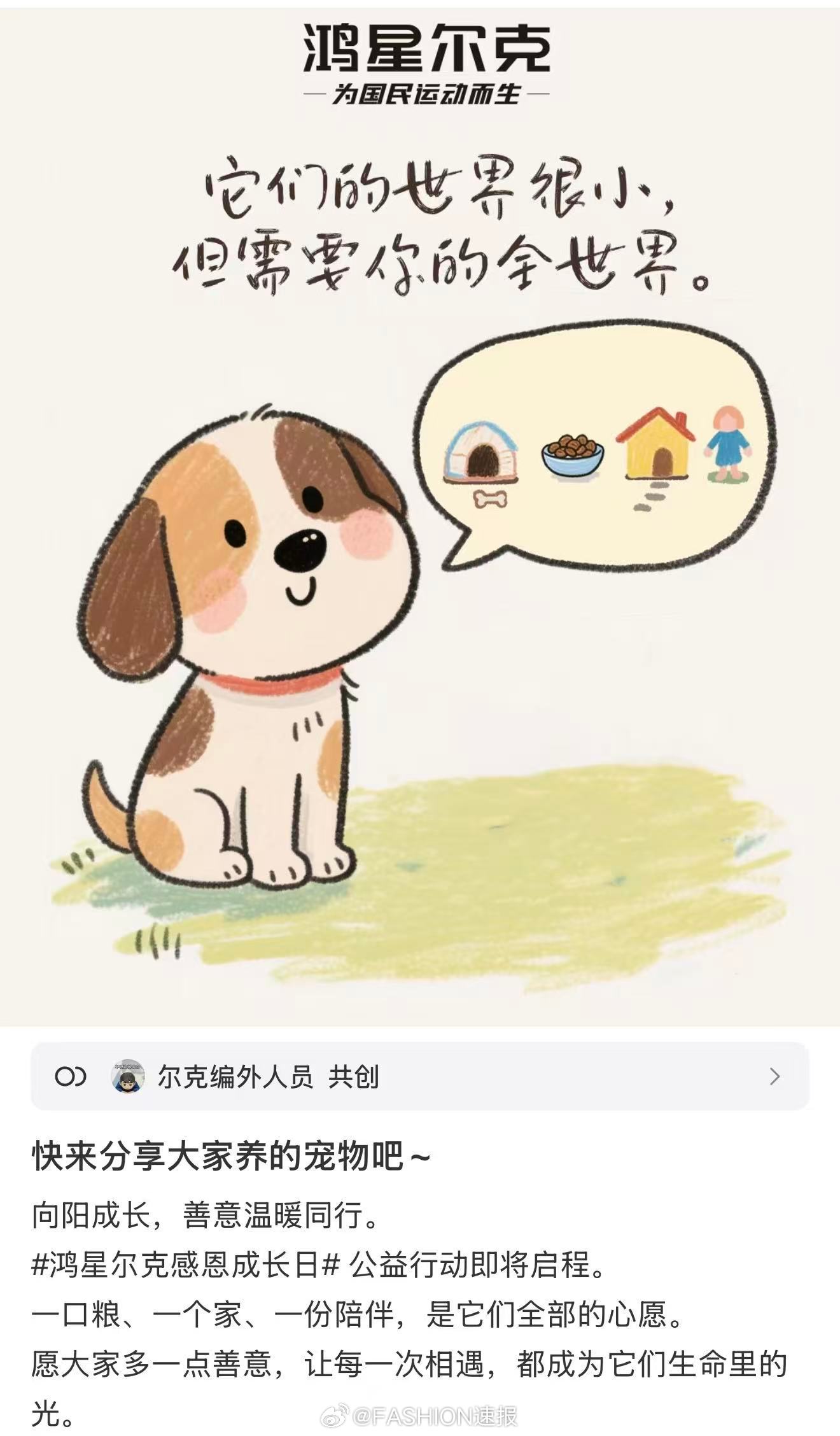 流浪动物救助，从来都不该只是少数人的坚持。鸿星尔克这次发起流浪猫狗守护计划，全国