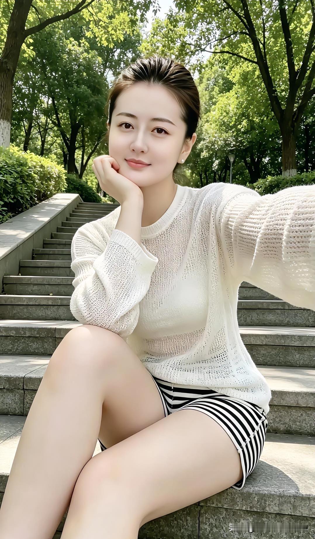 【林间倩影】

晴光漫洒绿荫阶，素白轻衫似雪裁。

手托香腮凝笑靥，闲庭信步任风
