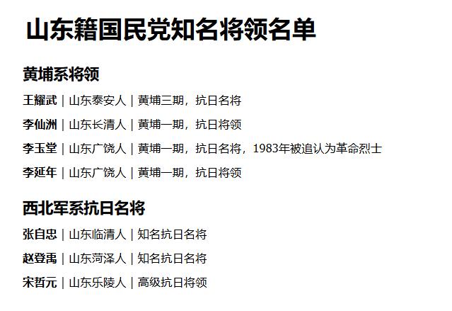 在国民党将领中，有不少山东籍者。

1924年，广州黄埔军校第一期的学员档案里，