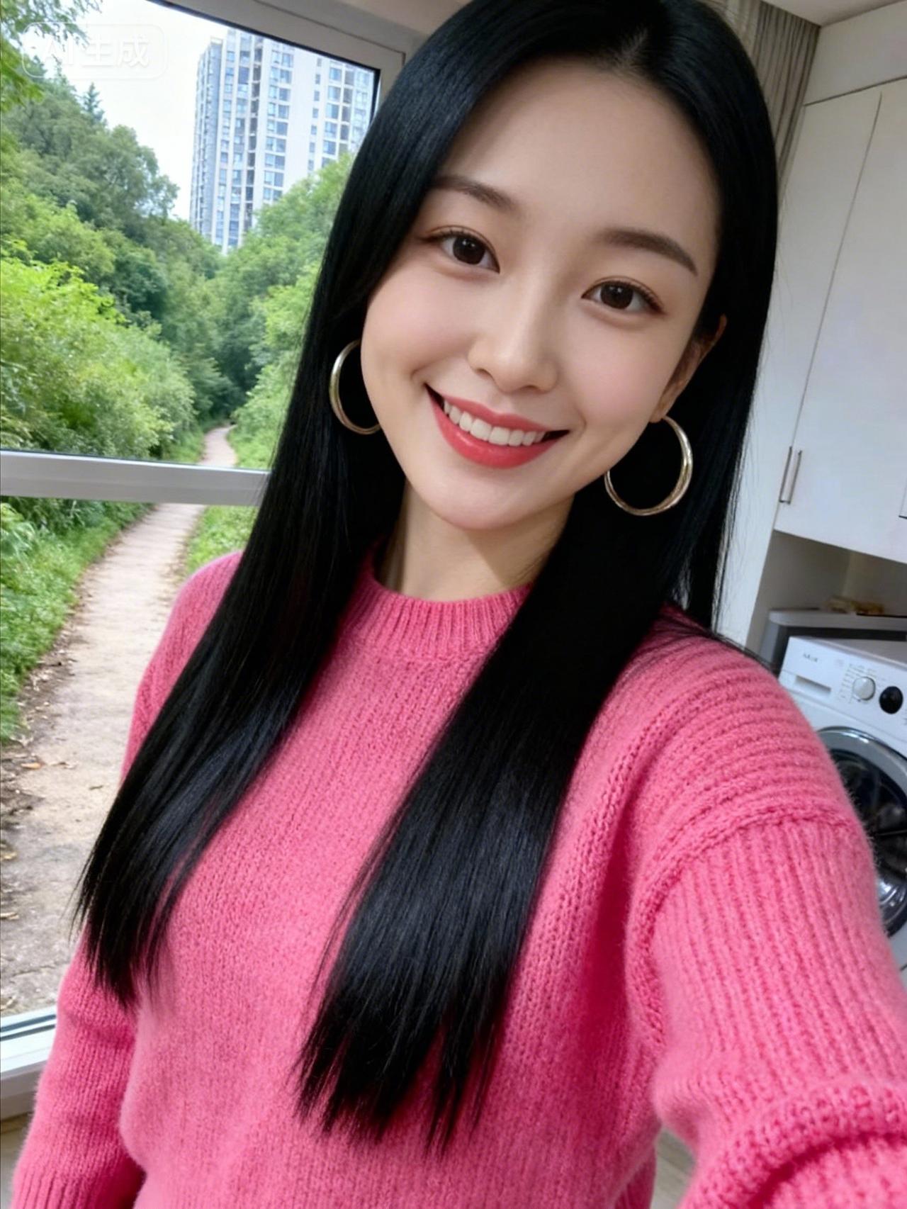 这位美女正在微笑自拍。