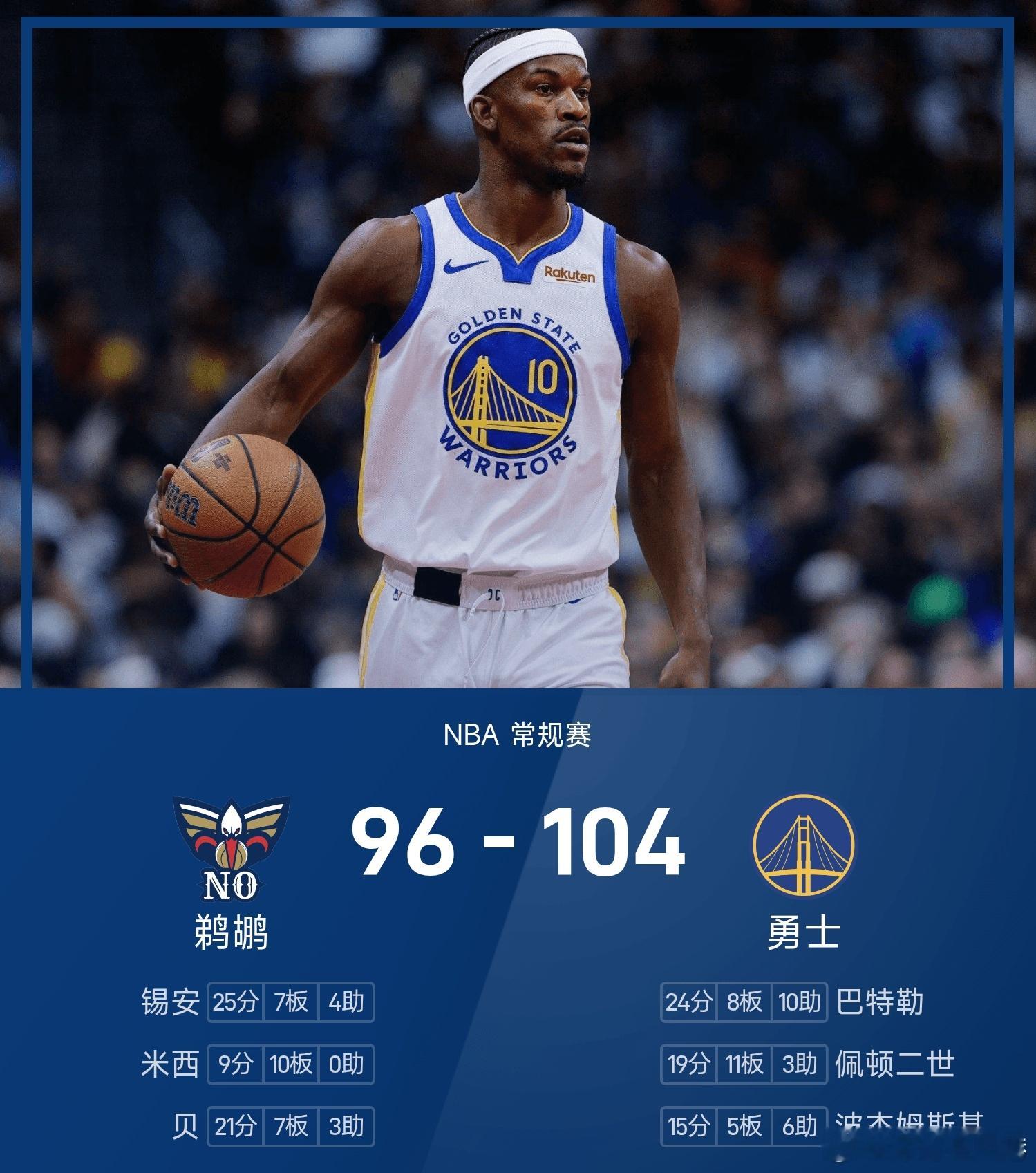 鹈鹕vs勇士 勇士104-96战胜鹈鹕。巴特勒得到24分8板10助率队取胜，锡安