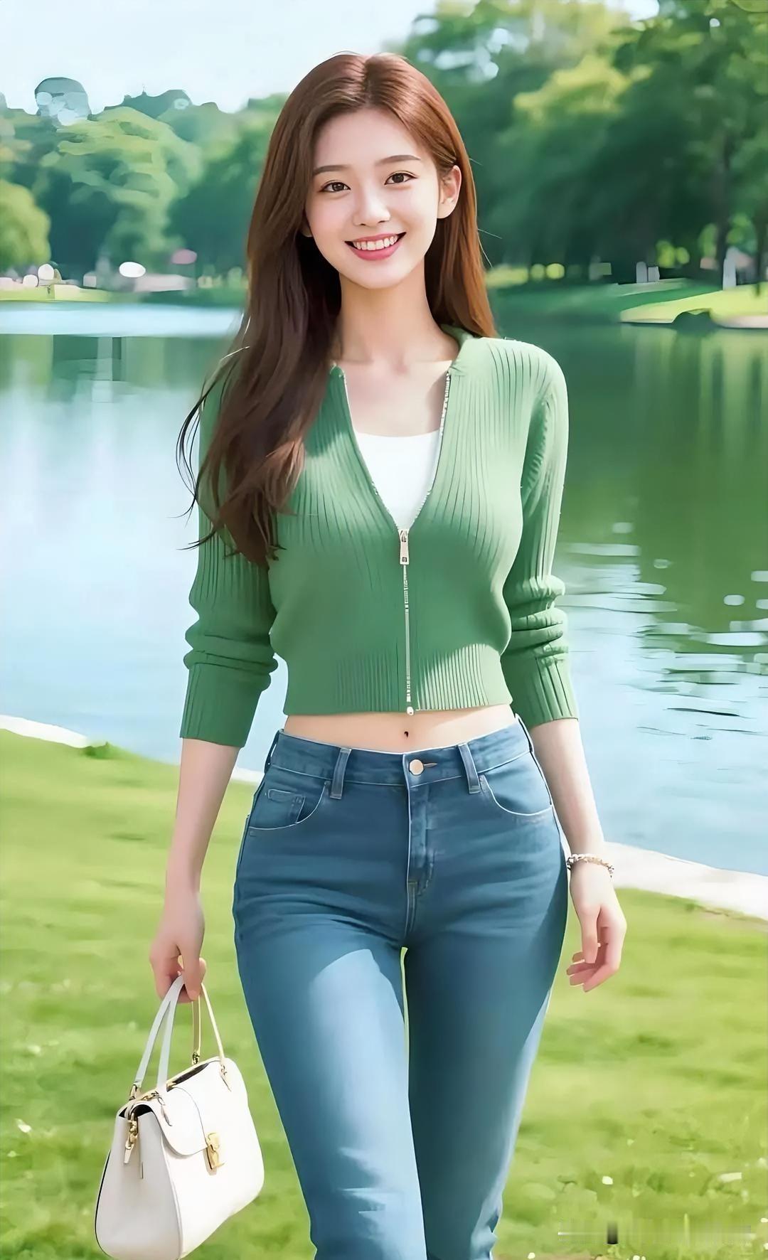 湖畔绿意中，草绿针织短开衫叠穿白T，搭配修身牛仔，手提素雅小包，笑容明媚尽显清新