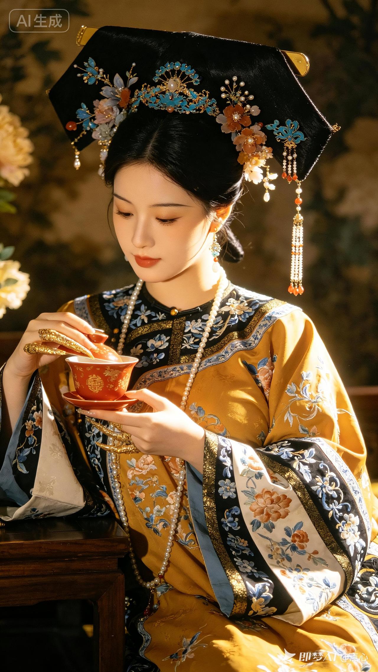 穿旗袍的女子优雅品茶。