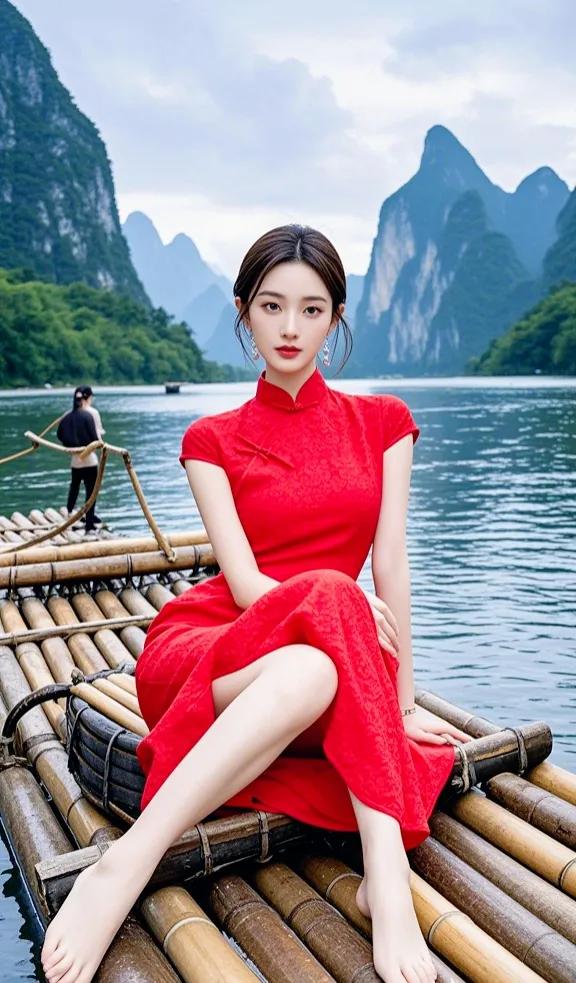 青丝红裙舞，碧水映美人