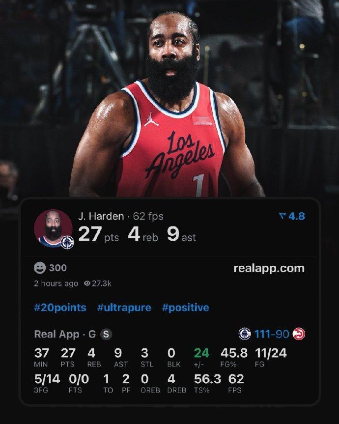 不容易，哈登0罚球砍27分！

这是哈登个人生涯单场0罚球时最高分，发生在快船干