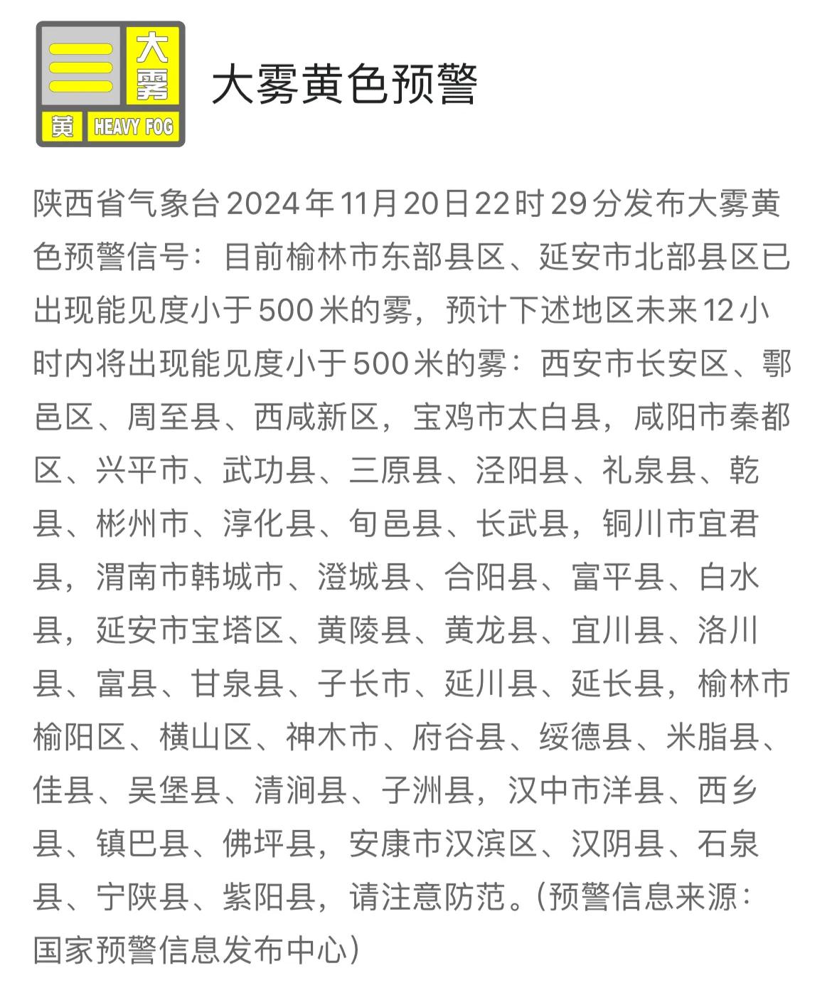 陕西省气象台发布大雾黄色预警信号。