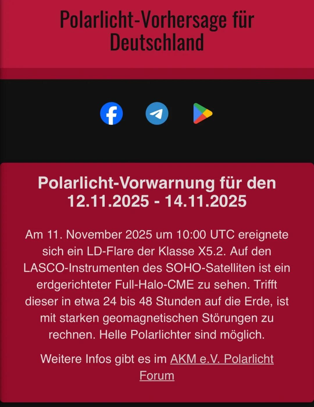 🇩🇪北极光大爆发！德国也能看到！🌠
美国气象预报员近日于11月11日和11