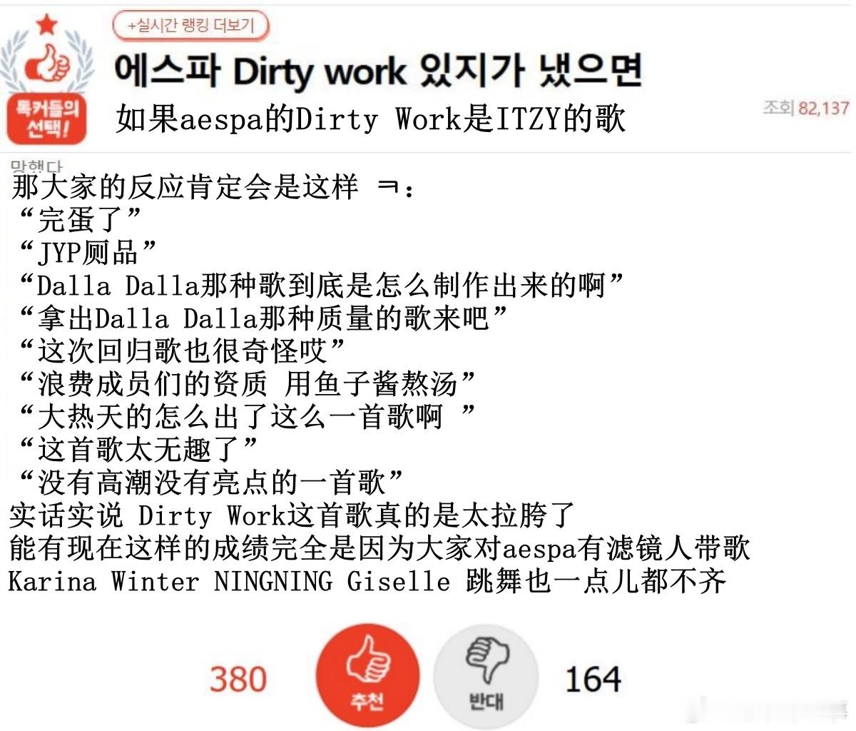 🔥韩网热帖评论翻译🔥如果aespa的Dirty Work是ITZY的歌...