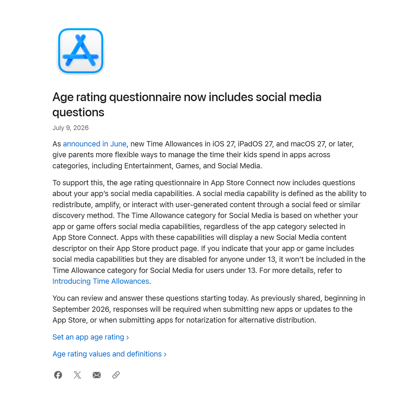 配合iOS27 的家长管控功能，AppStore 新增了社交媒体专项分级。以后家