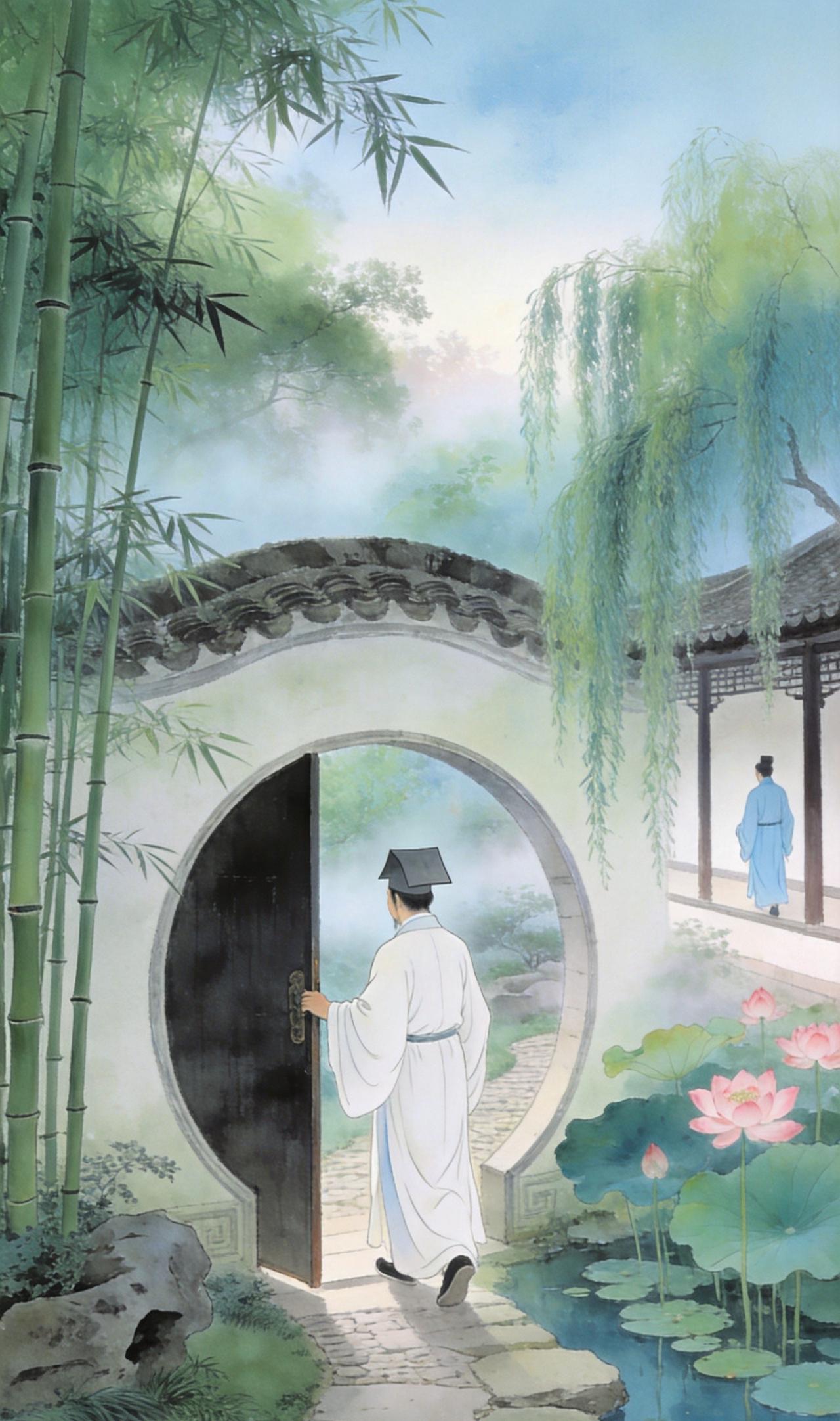 茶烟起处，半日江南闲

晨雾里推开月洞门，荷塘竹径，朋友沿回廊走来。紫砂壶青花杯