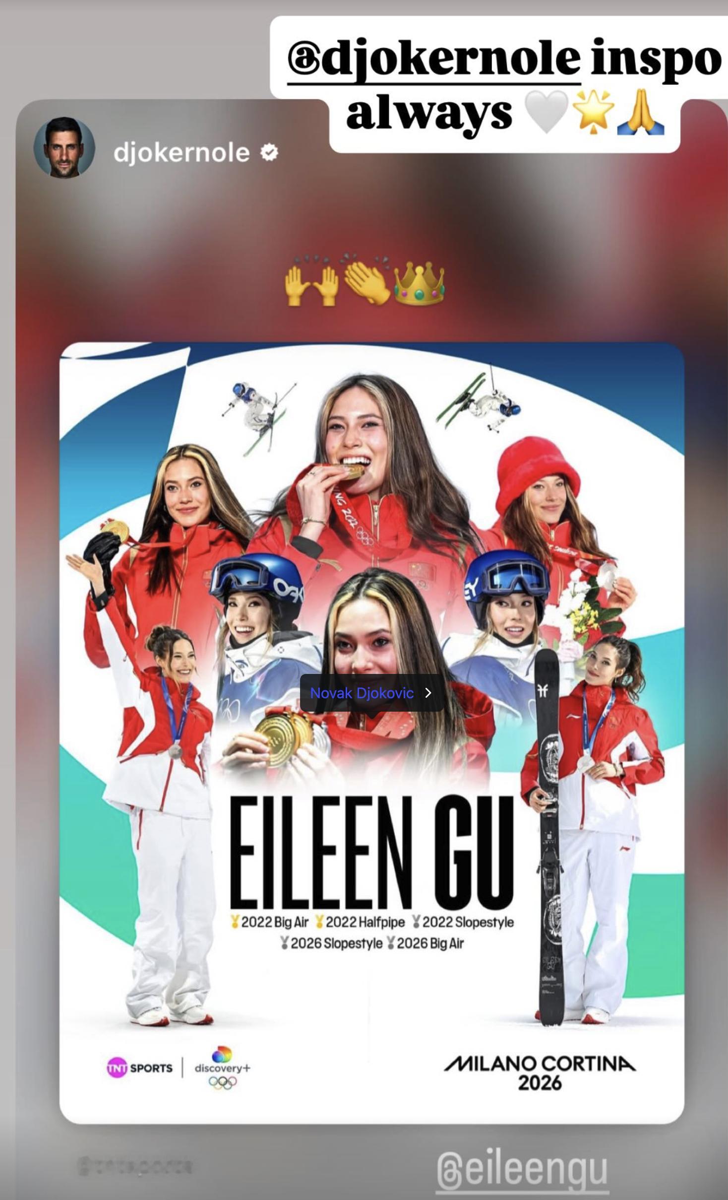 德约科维奇祝贺谷爱凌拿下5块奥运奖牌！德约科维奇祝贺谷爱凌