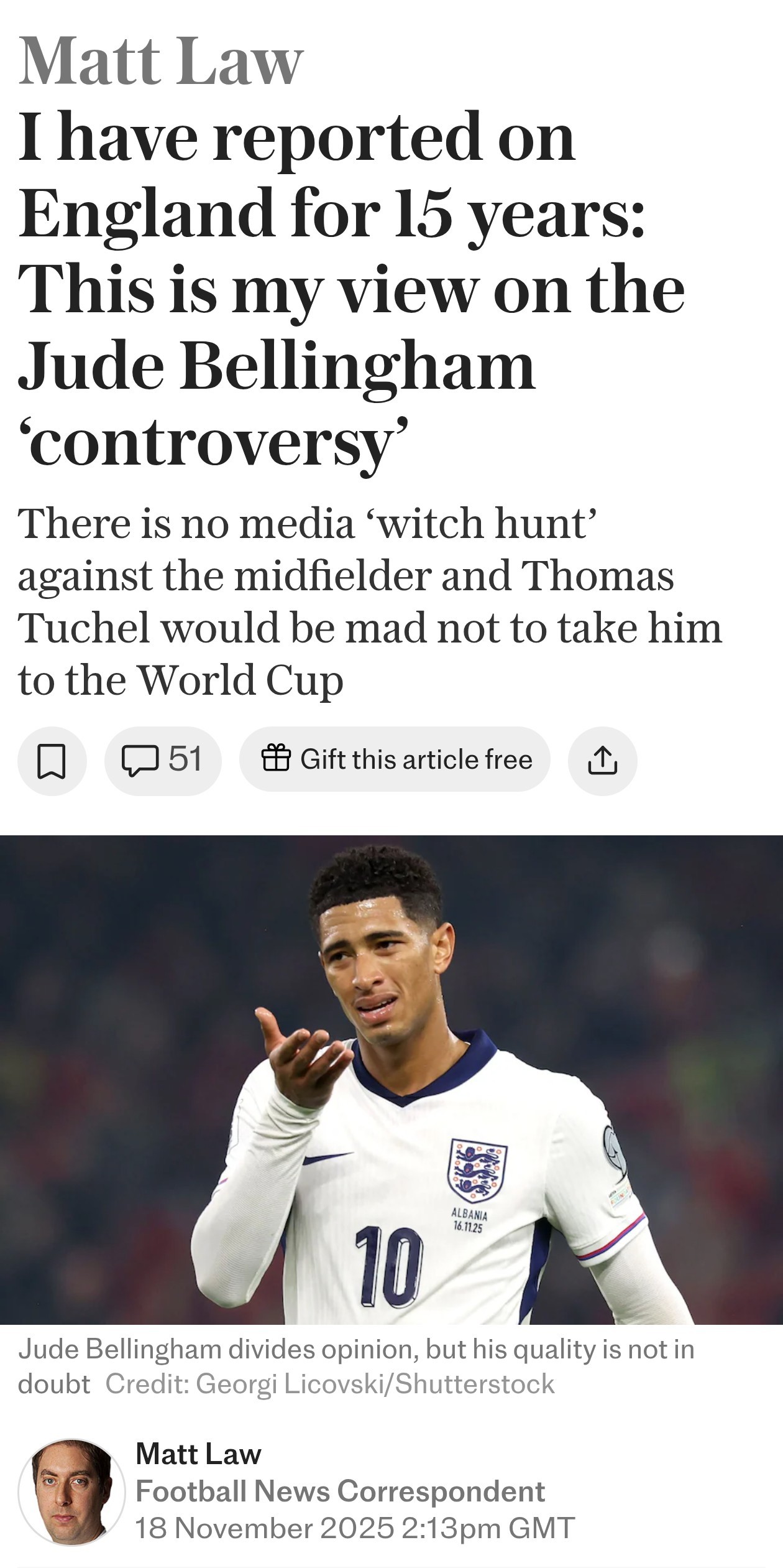 电讯报Matt Law：我报道英格兰队已有15年：这是我对裘德·贝林厄姆这场‘争