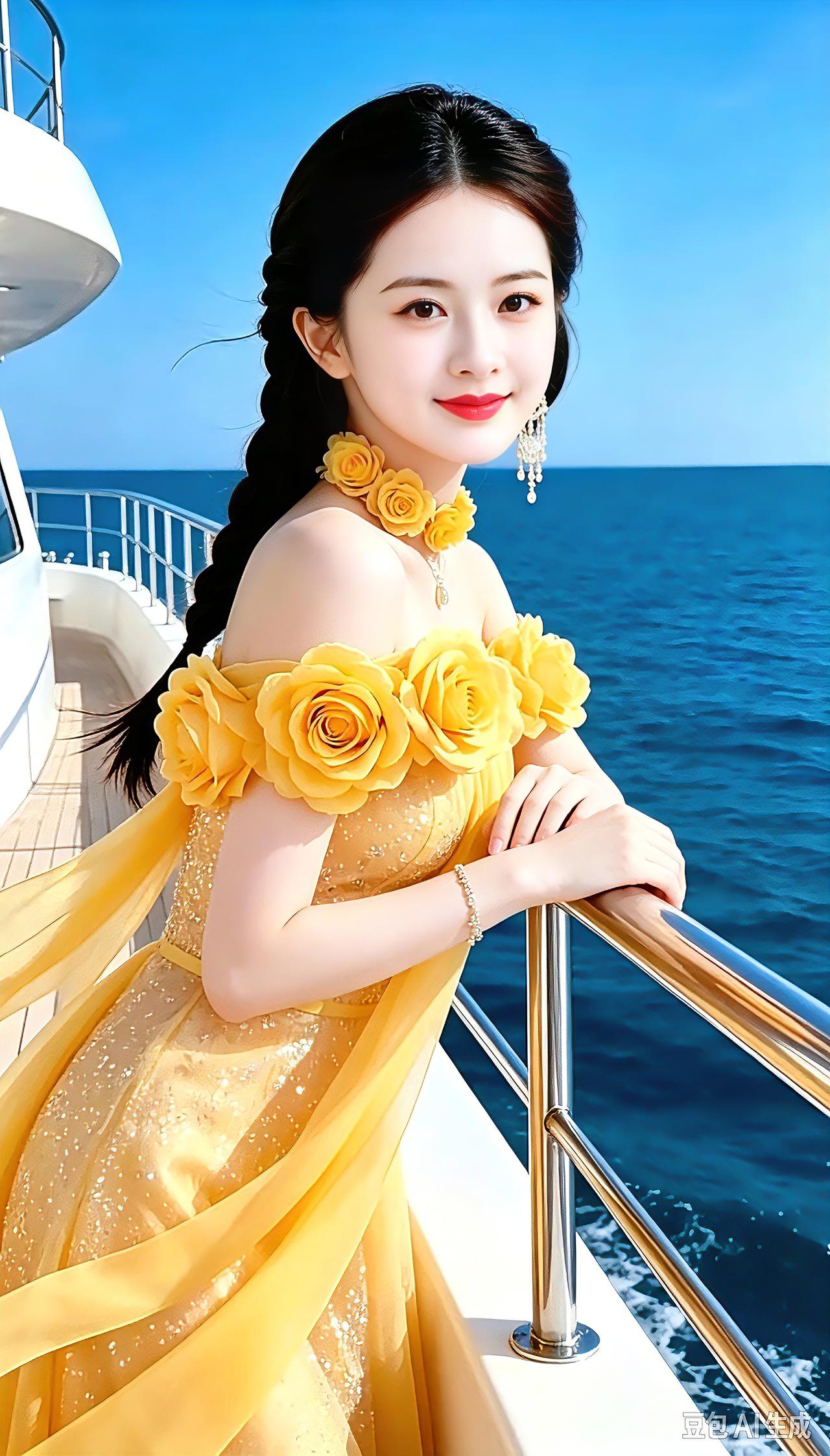 游艇碧海，黄裙芳华
 
黄裙玫瑰映碧海🌊
长辫轻扬笑颜开
游艇凭栏临风立
蓝天