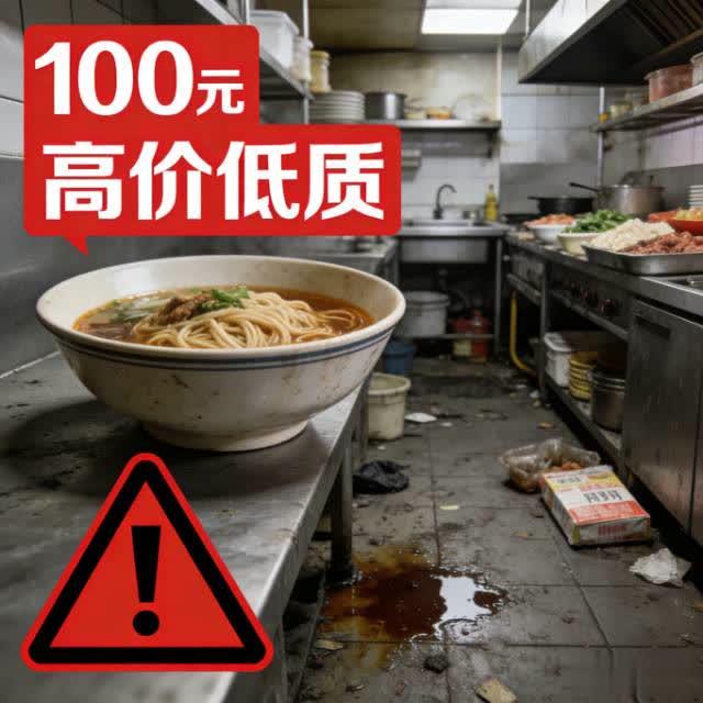100元一碗的面馆后厨脏乱食材过期！高价≠高品质
 
花百元吃碗面，竟踩中“天价