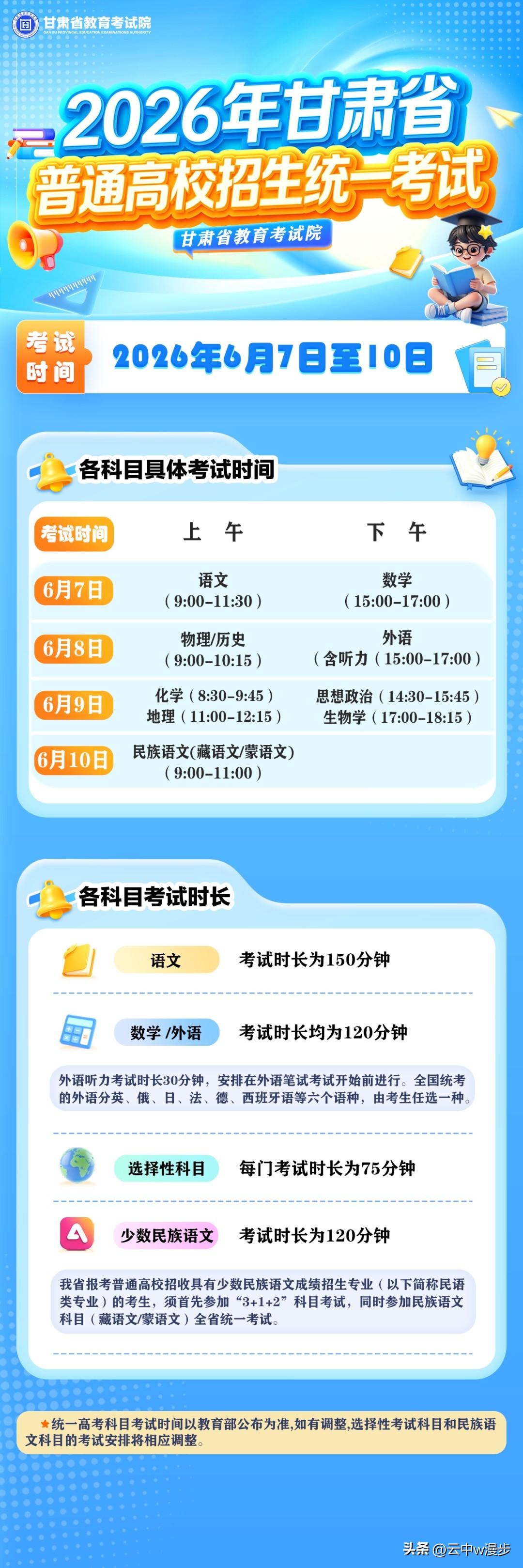 2026年甘肃省高考时间新鲜出炉啦！

6月7日至10日开考。6月7日上午考语文