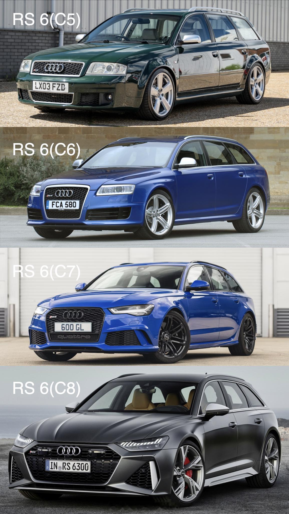 四代RS6同框，越来越大的，除了马力，还有嘴巴。RS6 Avant GT的轮子是