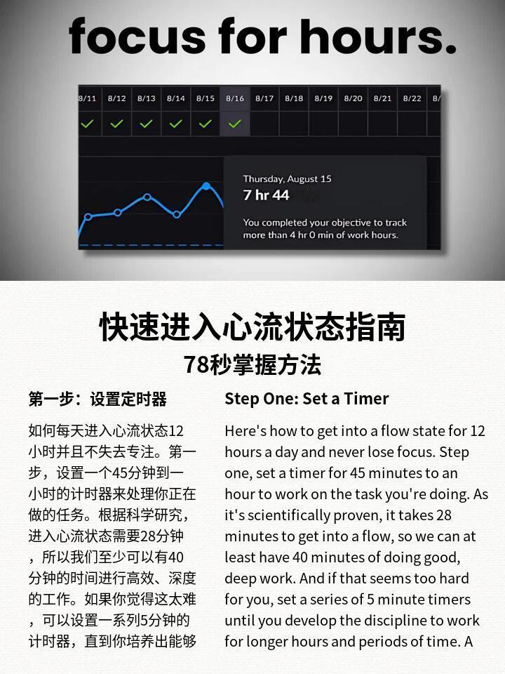 快速进入心流状态flow，心流，由心理学家米哈里·契克森米哈伊提出，即个体完全沉