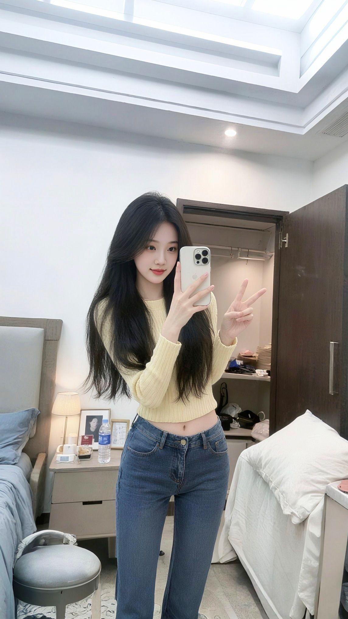紧身牛仔裤 甜妹穿搭随意拍 美女 御姐 牛仔裤