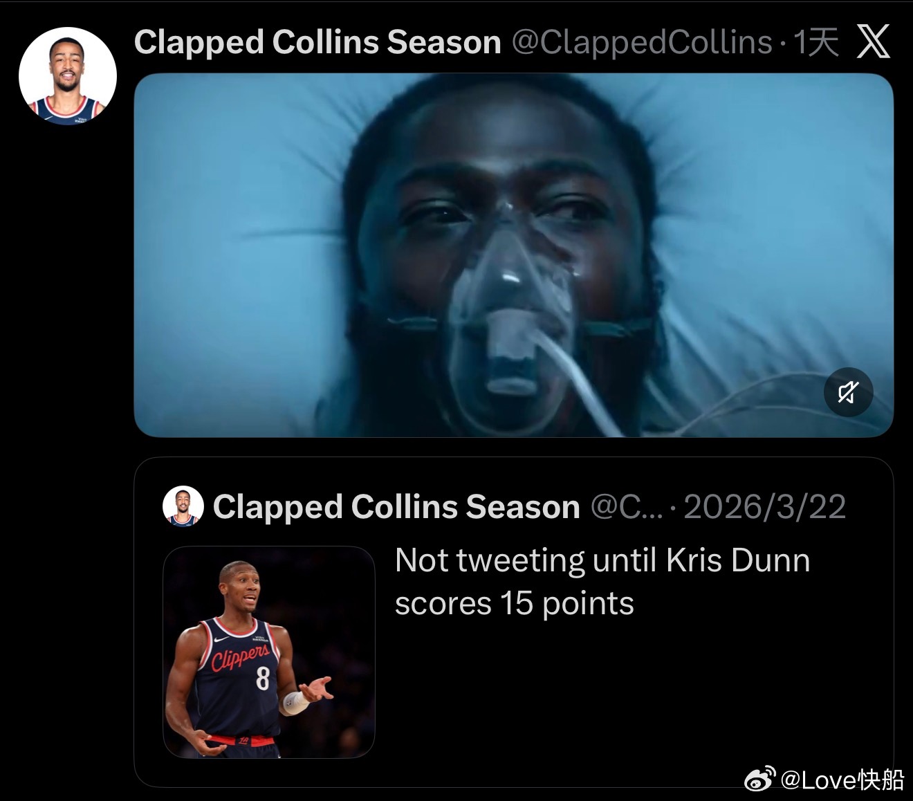 快船媒体在3月22日更新在克里斯·邓恩得15分之前不再发文目前，他已经憋不住了