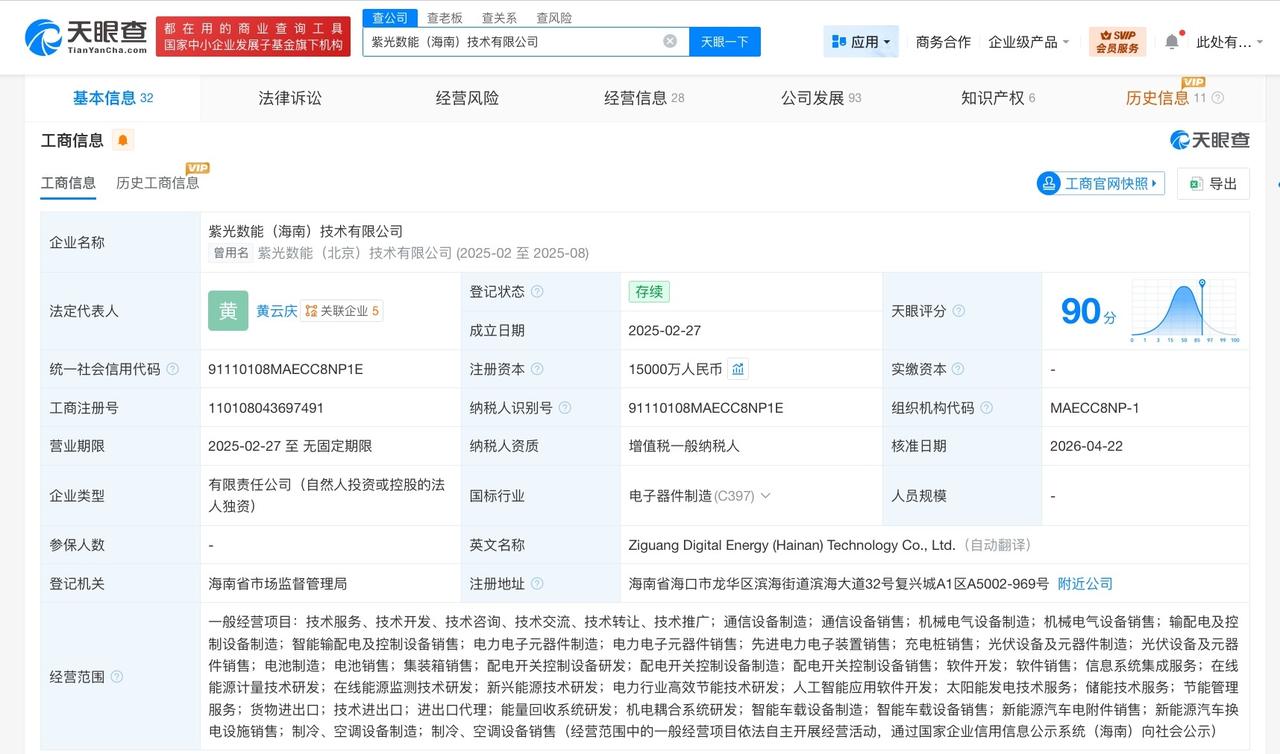 紫光数能海南技术公司增资至1.5亿 增幅650%

天眼查App显示，近日，紫光