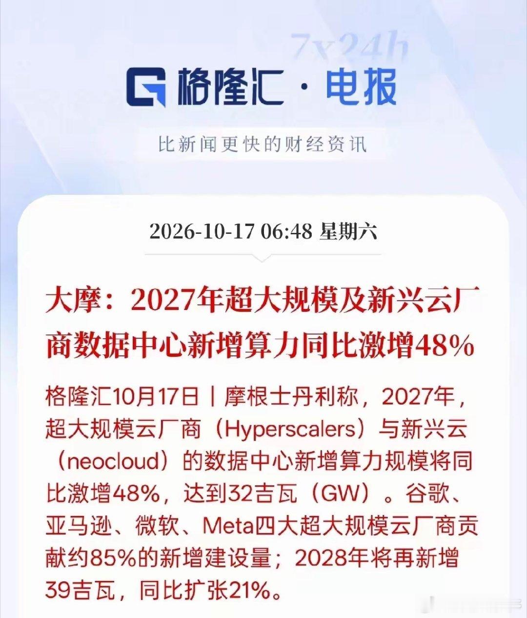AI行情的根，永远是算力！大摩最新研报：2027年超大规模+新兴云厂商，数据中心