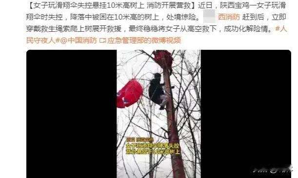 宝鸡女子玩滑翔伞失控悬挂10米高树上 消防开展营救