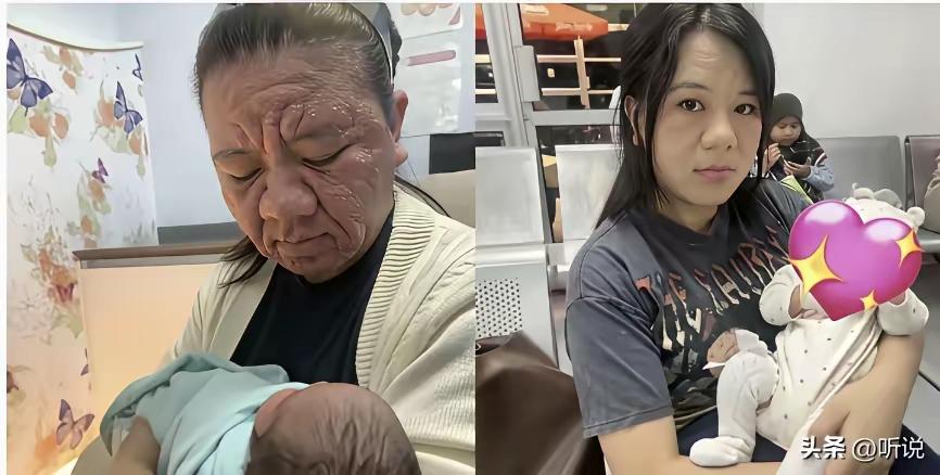 左边是奶奶抱孙子，右边是妈妈带宝宝。