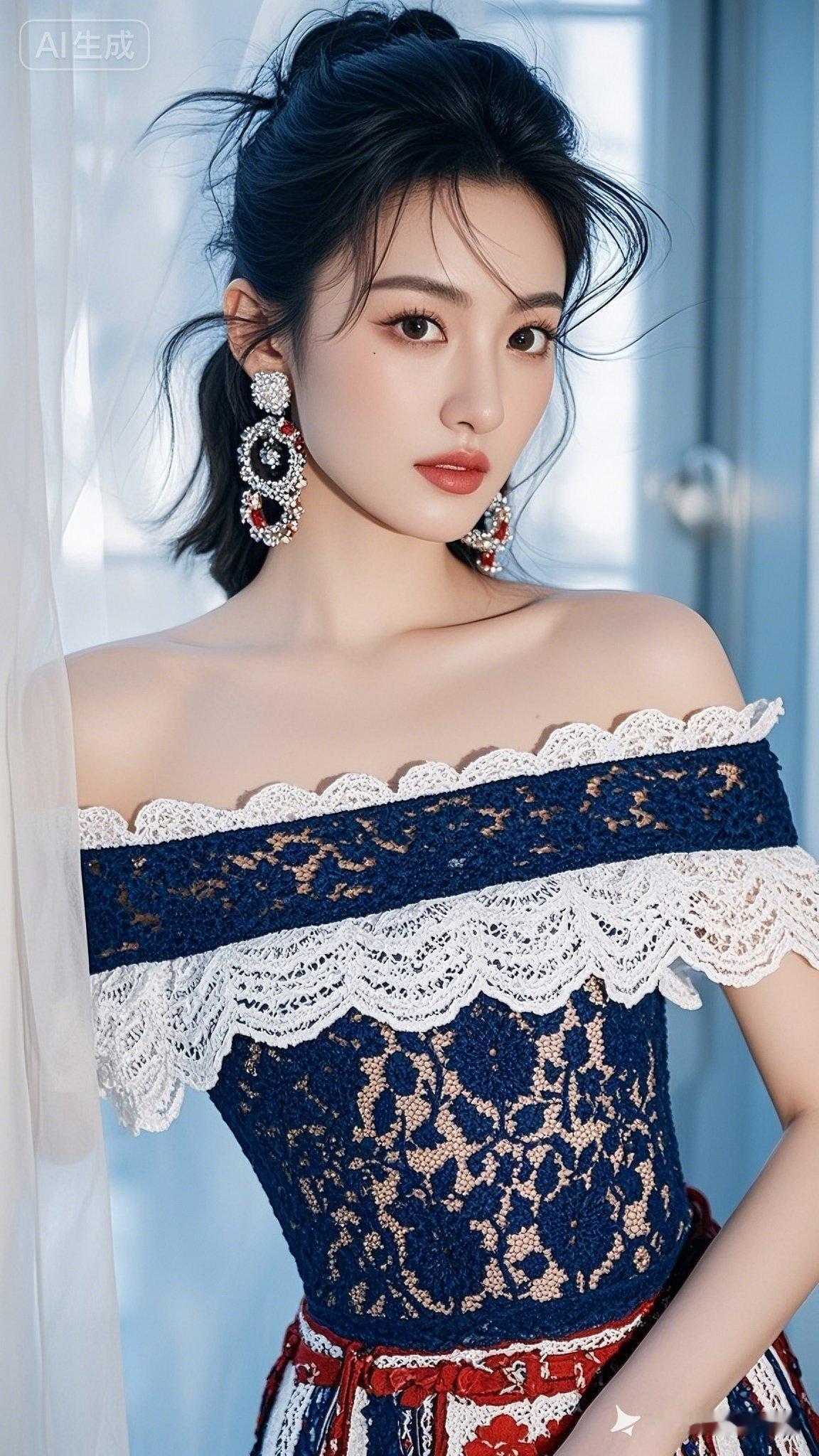 美人中长发凌乱盘起，藏蓝、白、红撞色一字肩裙勾勒优雅身姿。冷白皮衬得成套配饰熠熠