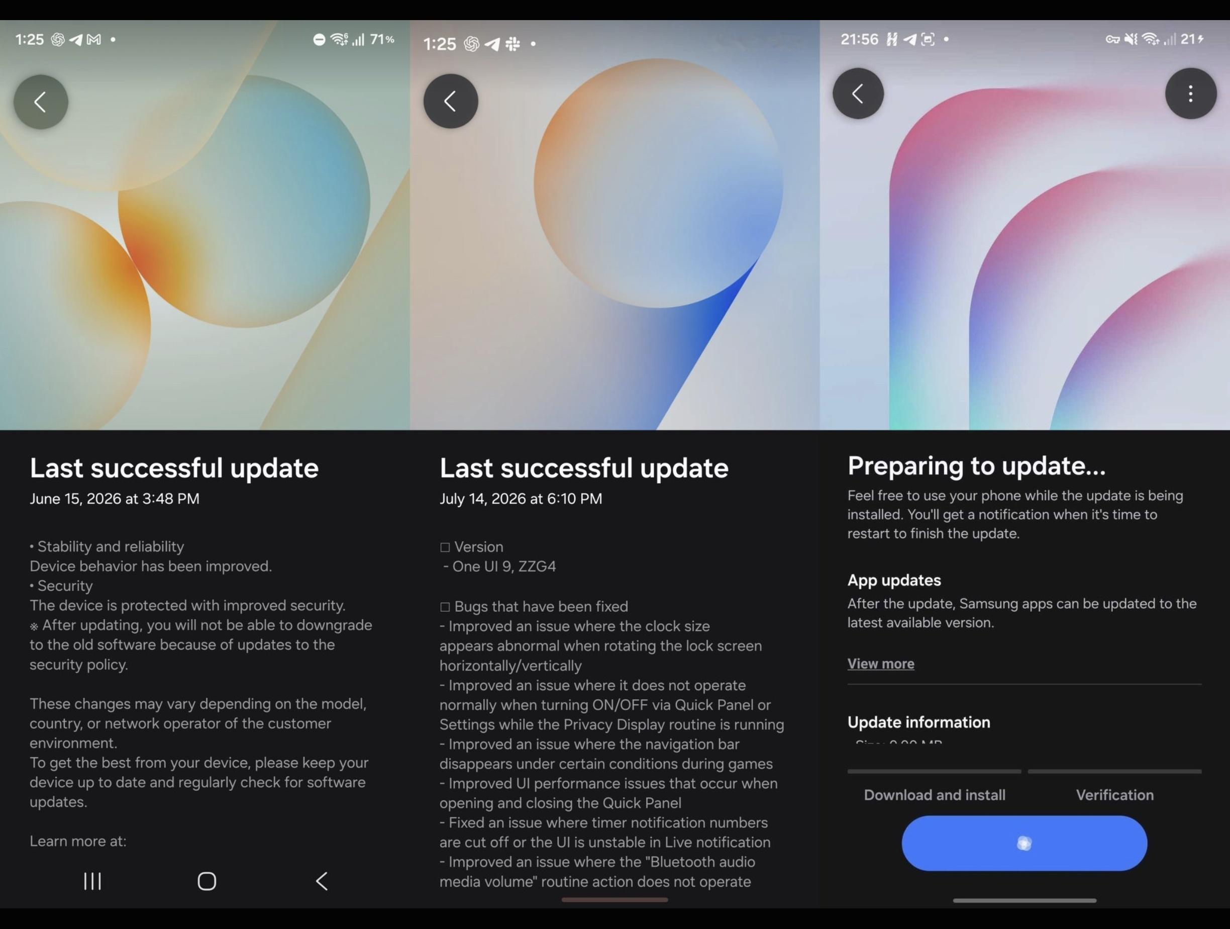 One UI 8.5、One UI 9.0、One UI 9.5 的更新界面的横