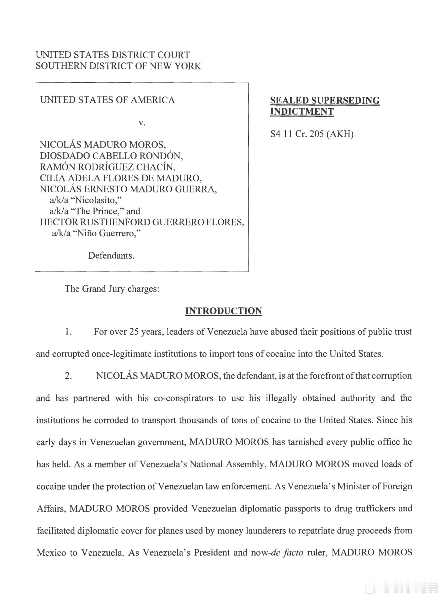 【美国检察官指控马杜罗及其妻子和儿子犯有贩毒罪】（政治报）根据周六公布的一份25