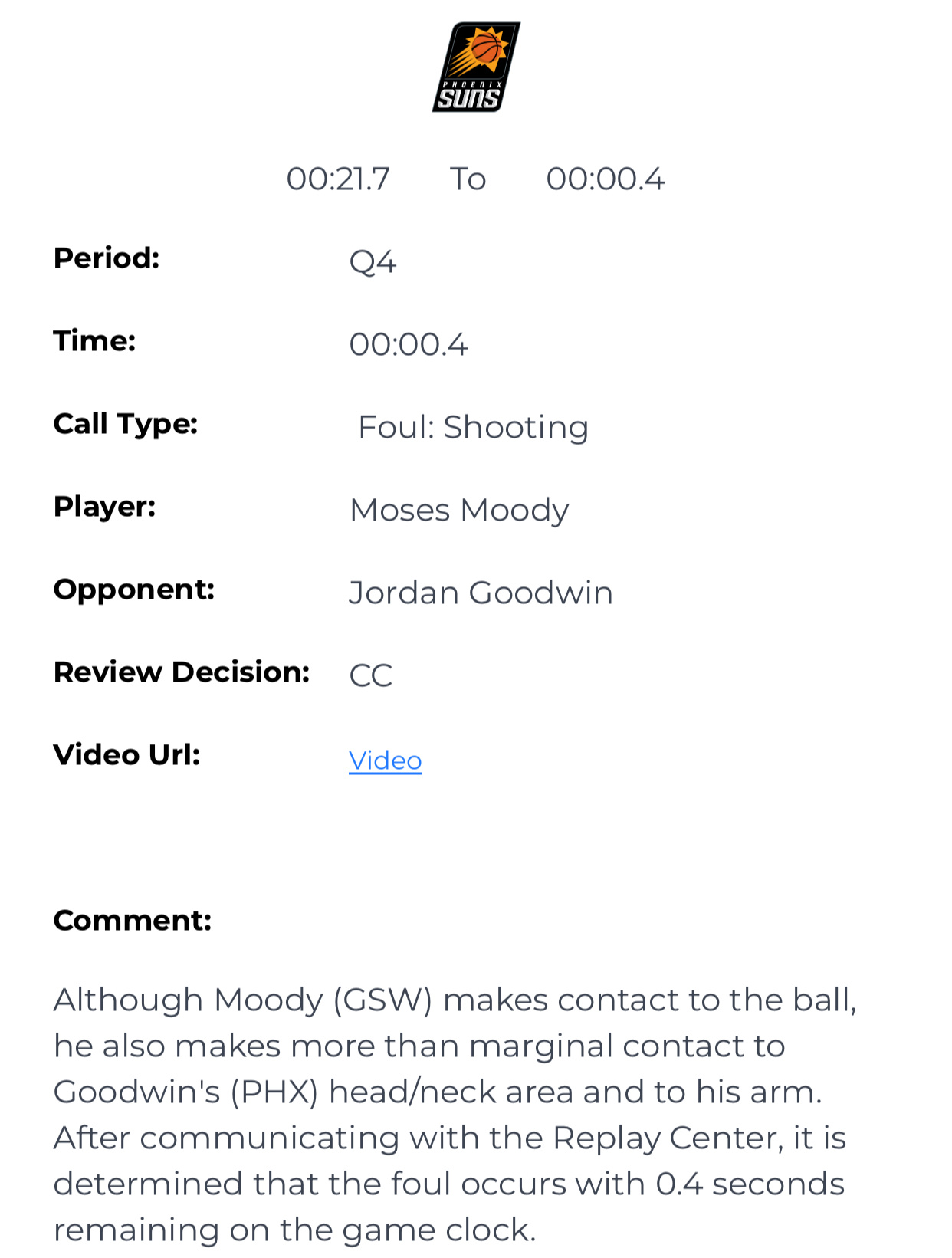 没啥说，今天最后两分钟裁判报告显示：尽管穆迪（GSW）触碰到球，但他对古德温（P