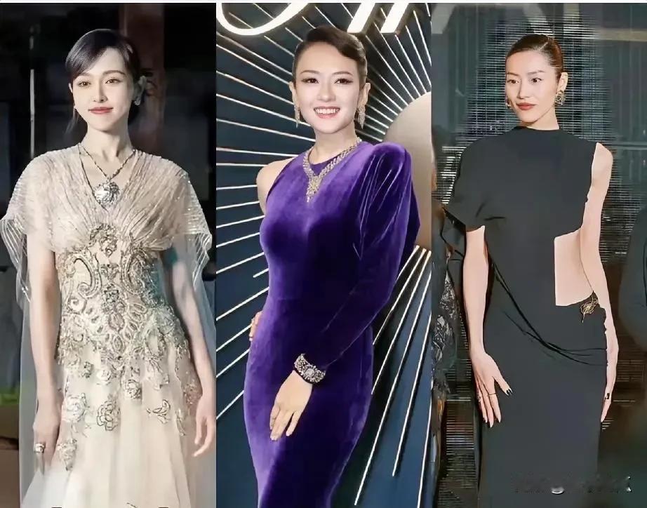 三位当红女星的合照。唐嫣温柔、贤淑且甜美，章子怡霸气、端庄大气，刘雯身材高挑、气