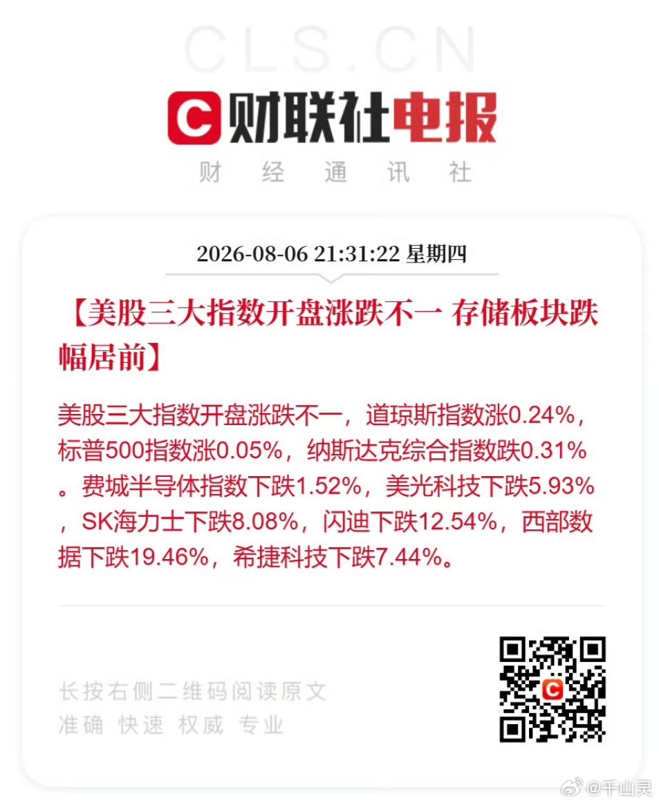 美股开盘 存储板块跌幅居前美股开盘：存储板块集体暴跌，美光科技跌5%，SK海力士